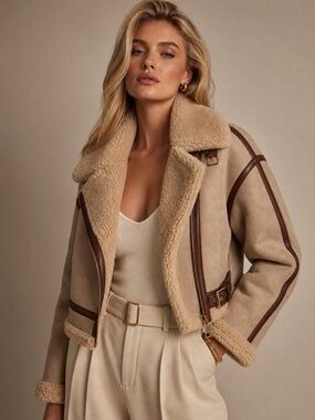 Short Tan Faux Shearling Jacket Brown Trim Luxury Style